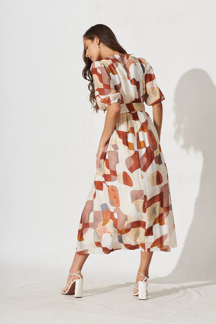 Dilly Midi Dress In Rust With Beige Print - back