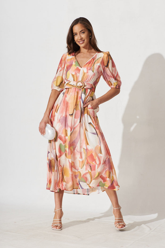 Dilly Midi Dress In Pink With Multi Floral - full length