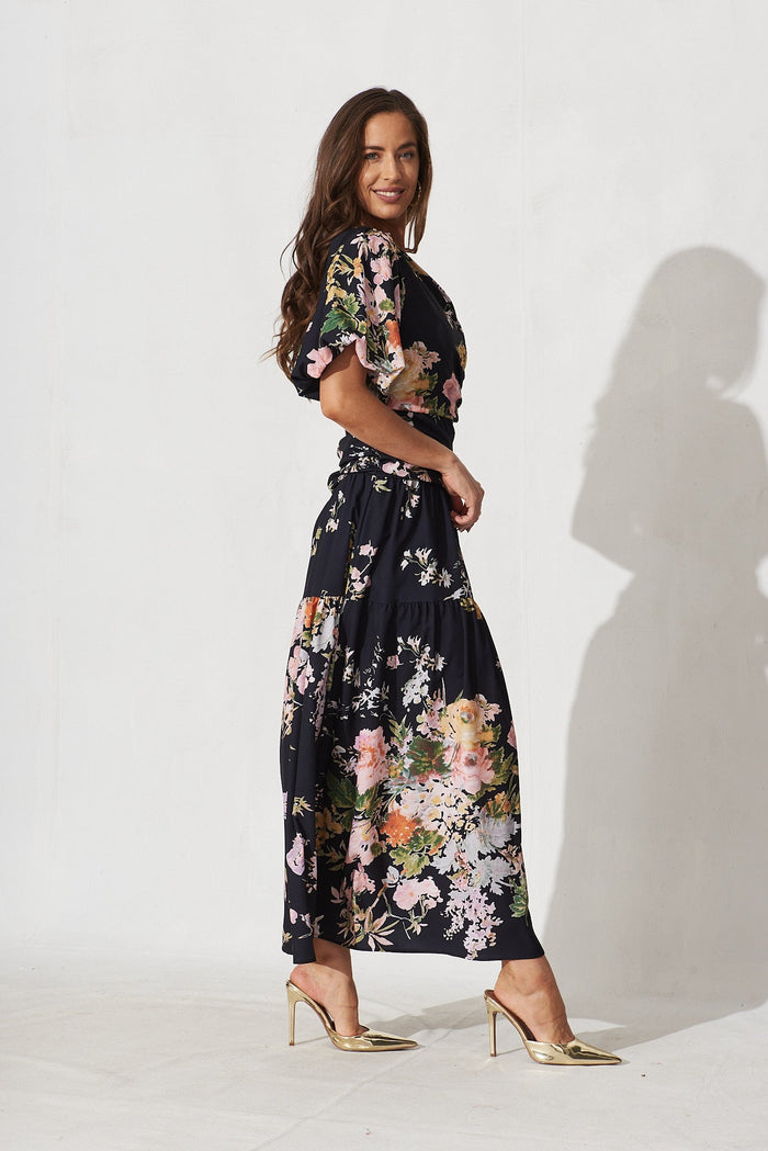 Berlyn Off Shoulder Maxi Dress Black With Pink Floral - right side