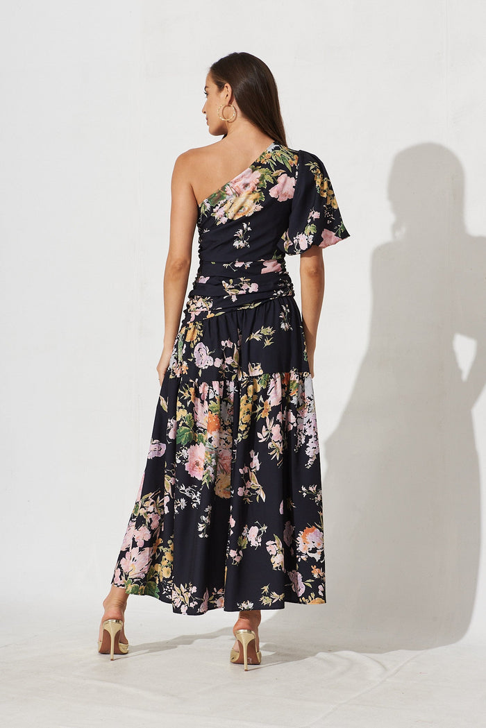Berlyn Off Shoulder Maxi Dress Black With Pink Floral - back
