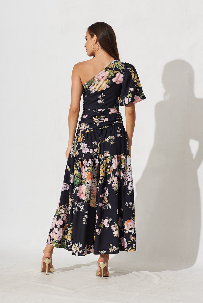 Berlyn Off Shoulder Maxi Dress Black With Pink Floral - back