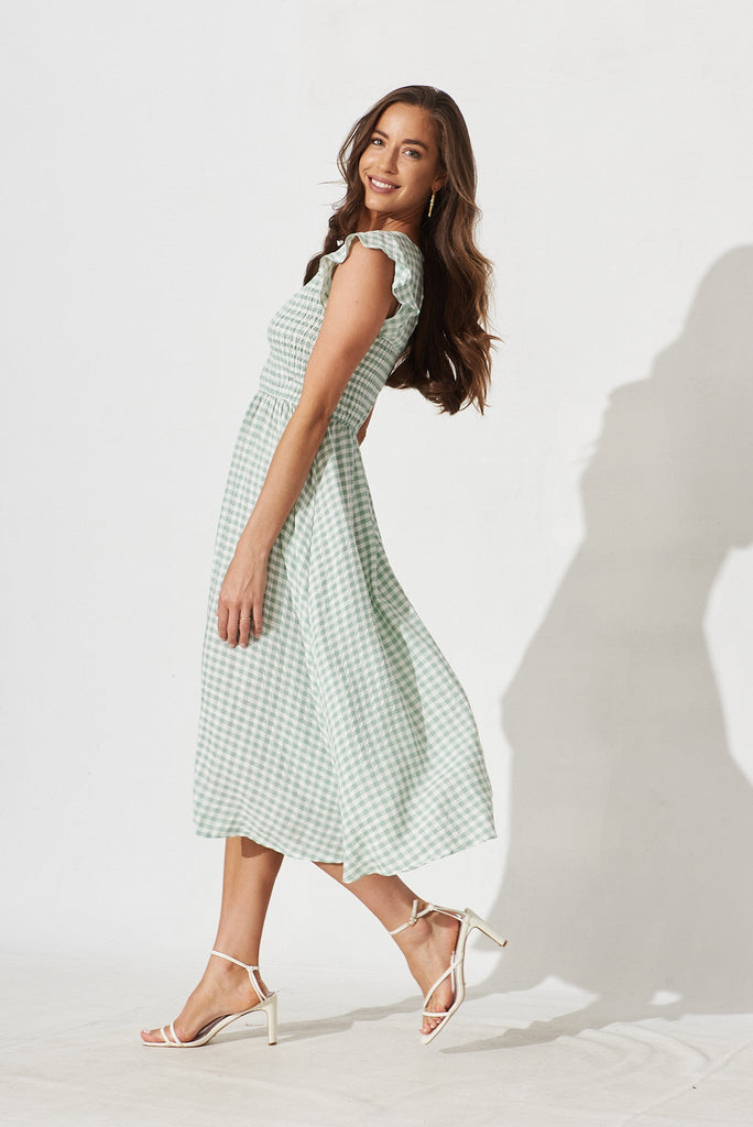 Jeannie Midi Dress In Green With White Gingham - side