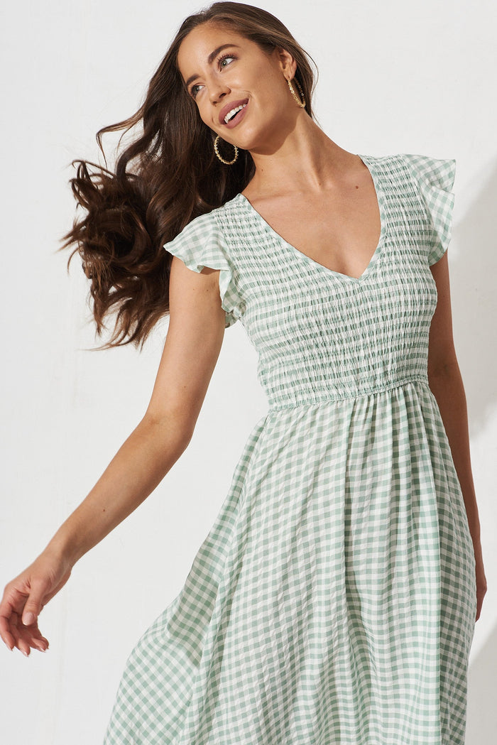Jeannie Midi Dress In Green With White Gingham - front