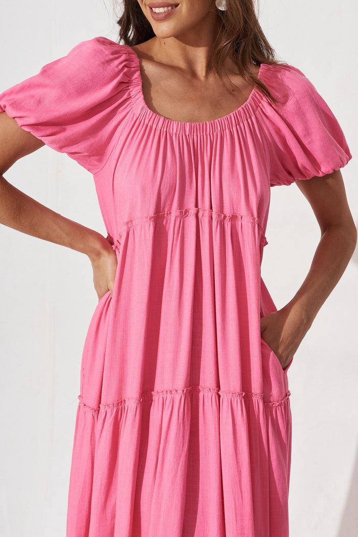 Jesaly Maxi Dress In Candy Pink Linen Blend - detail