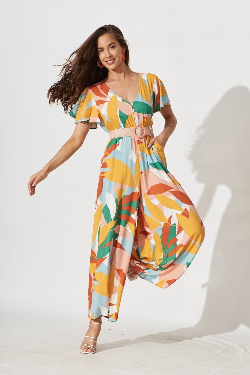 Canary Maxi Jumpsuit In Rust Multi Tropical Print - St Frock (Dev)