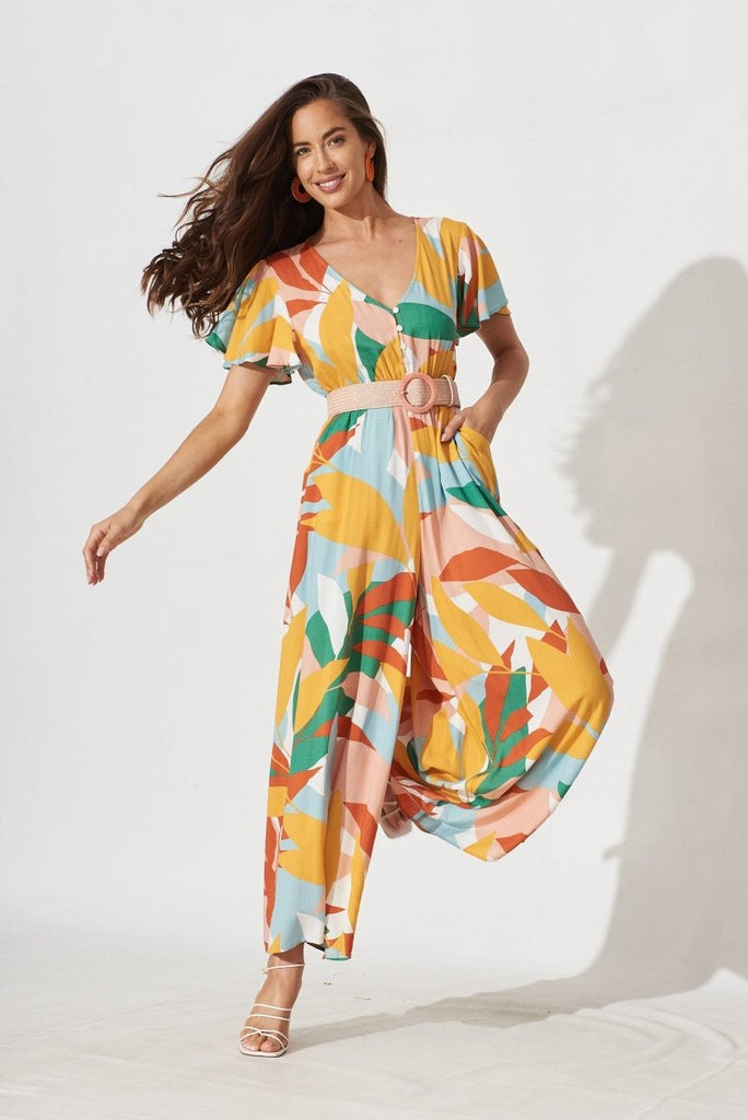 Canary Maxi Jumpsuit In Rust Multi Tropical Print - St Frock (Dev)