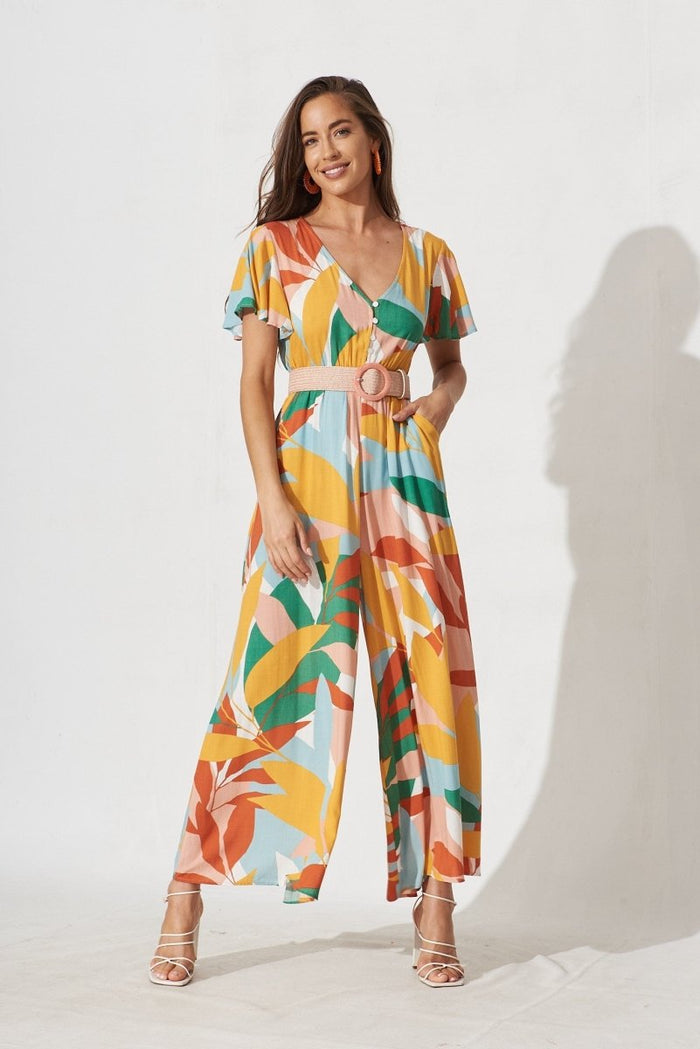 Canary Maxi Jumpsuit In Rust Multi Tropical Print - St Frock (Dev)