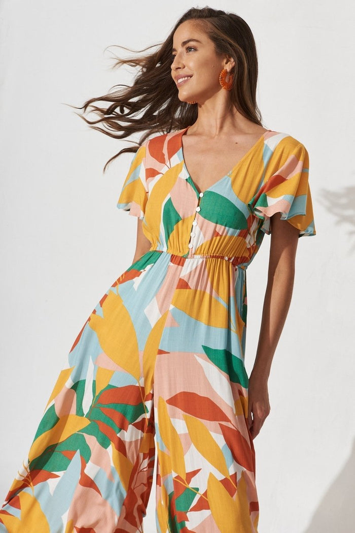 Canary Maxi Jumpsuit In Rust Multi Tropical Print - St Frock (Dev)