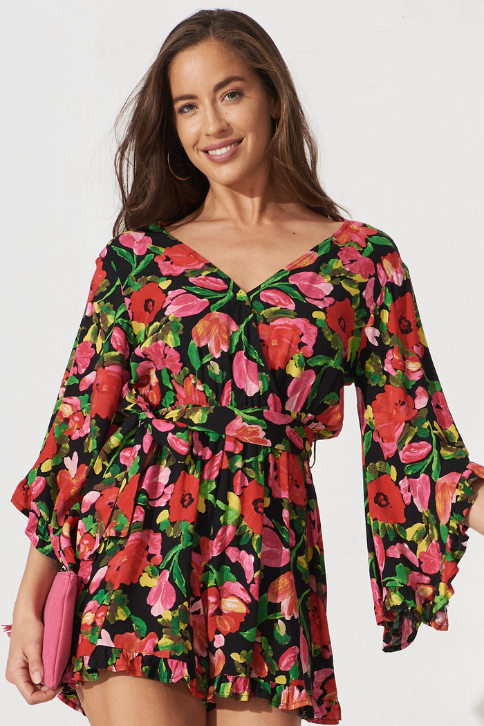 Elliana Playsuit In Black With Red Floral - front