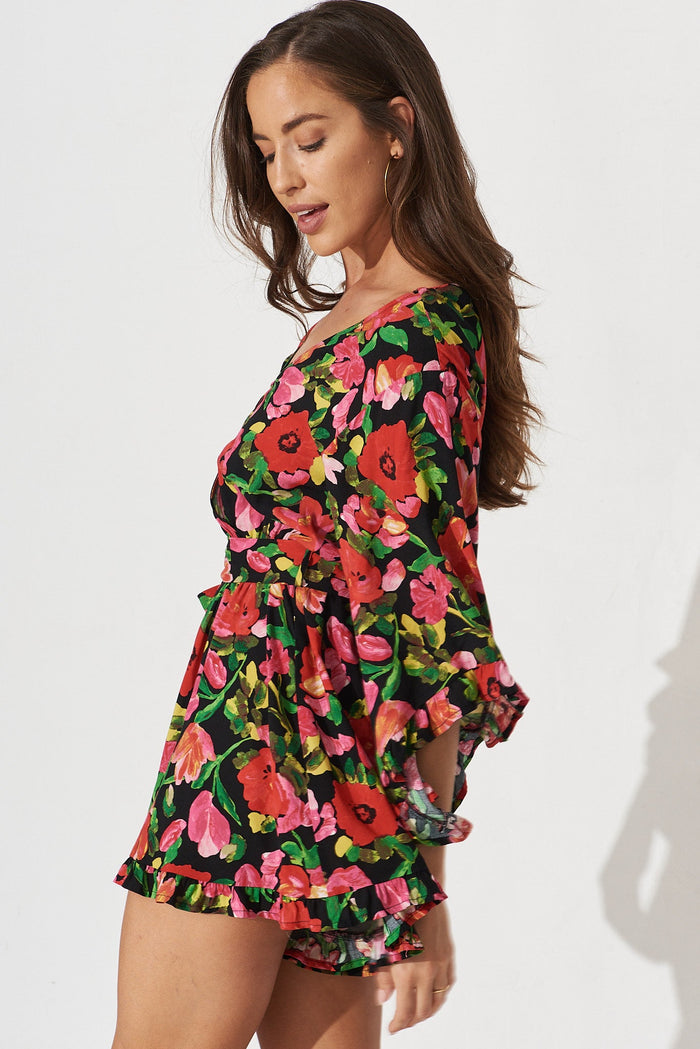 Elliana Playsuit In Black With Red Floral - side
