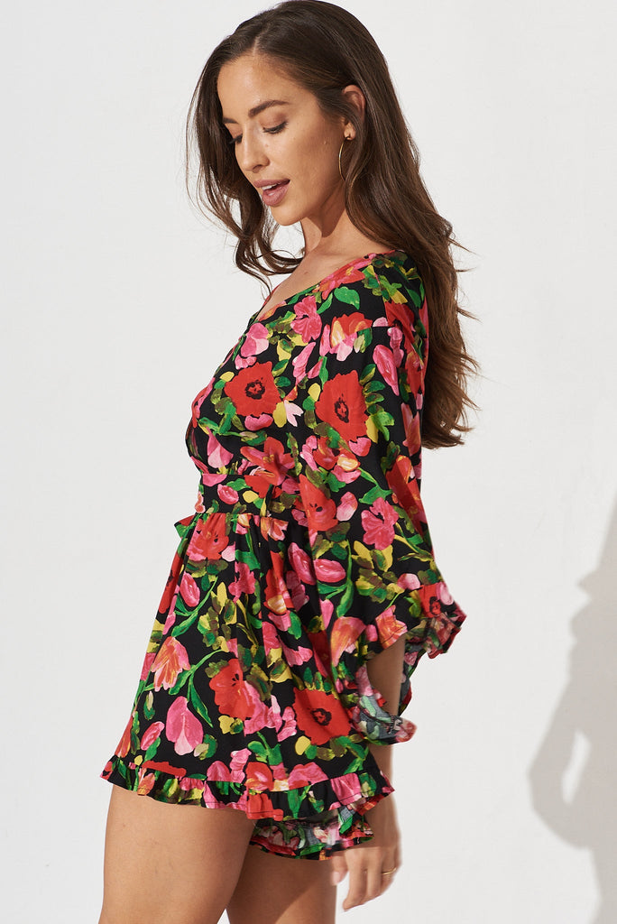 Elliana Playsuit In Black With Red Floral - side