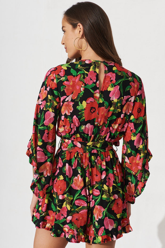 Elliana Playsuit In Black With Red Floral - back