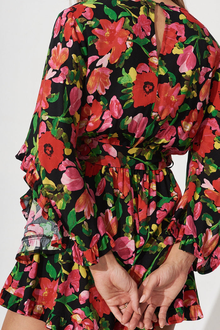Elliana Playsuit In Black With Red Floral - detail