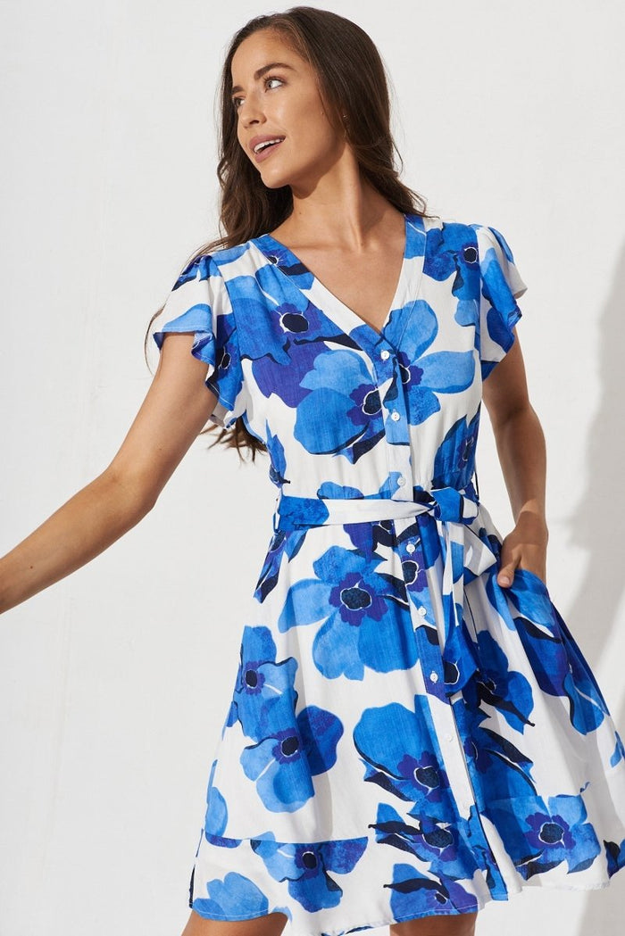 Cannes Dress In White With Blue Floral - St Frock (Dev)