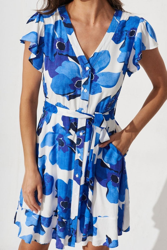 Cannes Dress In White With Blue Floral - St Frock (Dev)