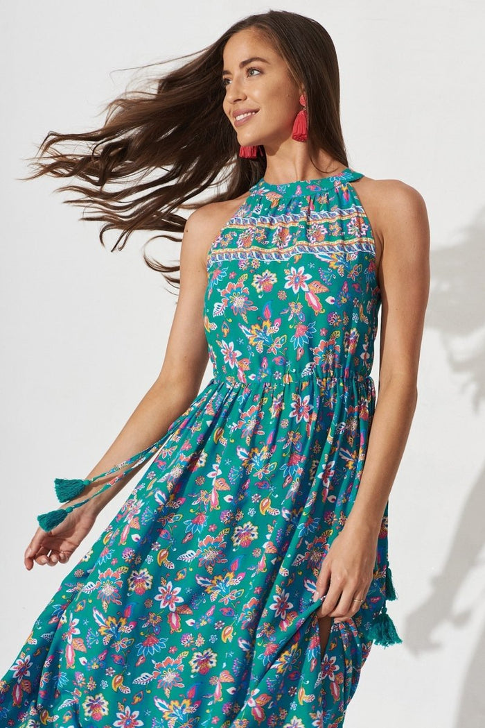 Casoria Maxi Dress In Teal Boho Floral - St Frock (Dev)