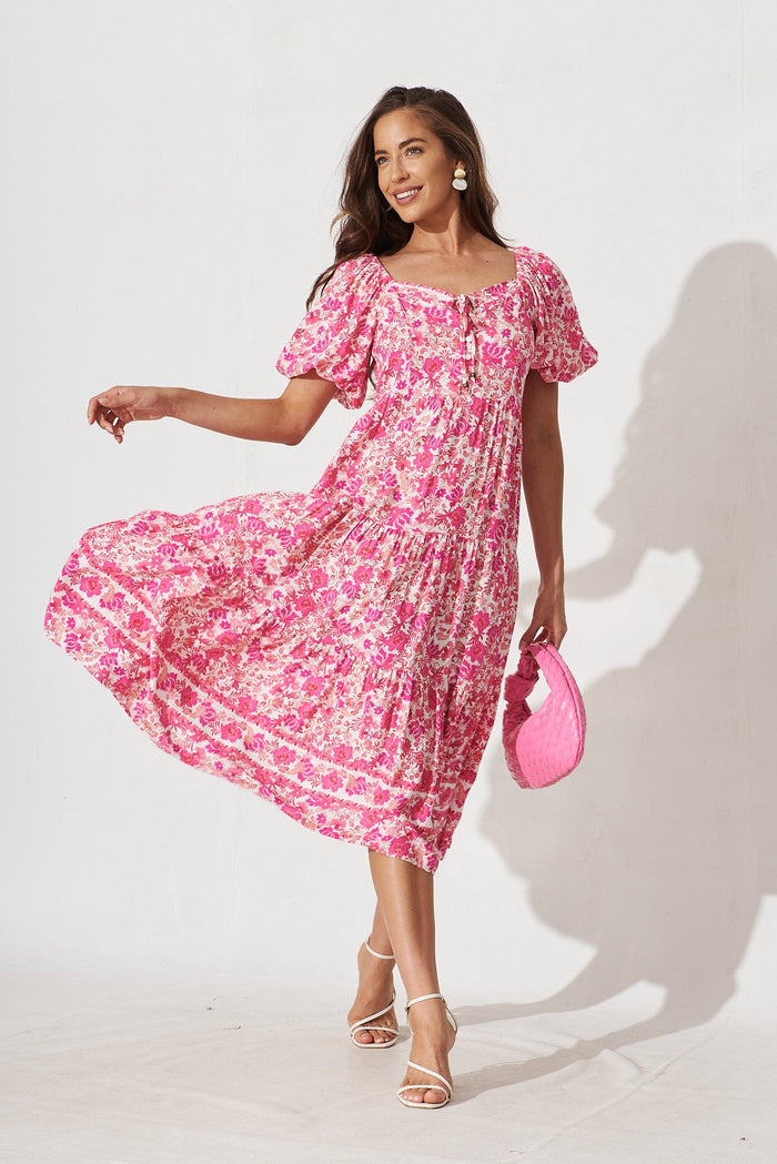 Macelleria Midi Dress In White With Pink Floral - full length