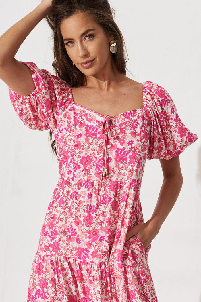 Macelleria Midi Dress In White With Pink Floral - detail