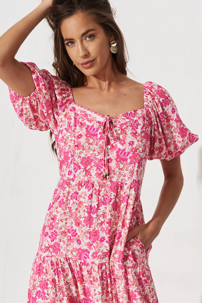 Macelleria Midi Dress In White With Pink Floral - detail