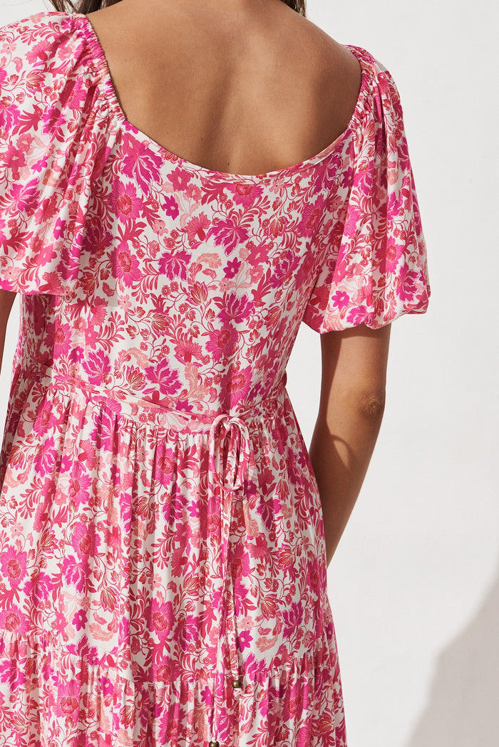 Macelleria Midi Dress In White With Pink Floral - detail