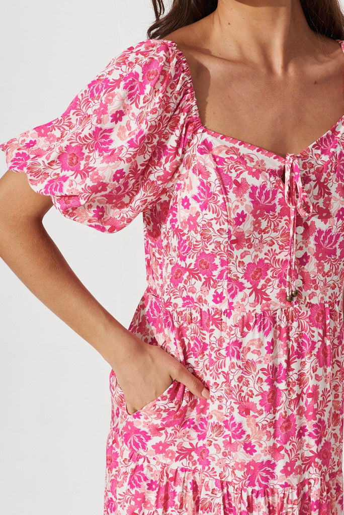 Macelleria Midi Dress In White With Pink Floral - detail