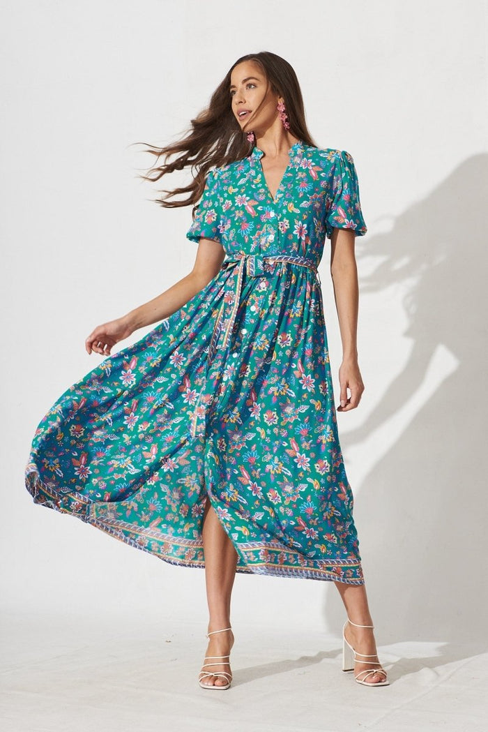 Caserta Maxi Dress In Teal Boho Floral - St Frock (Dev)