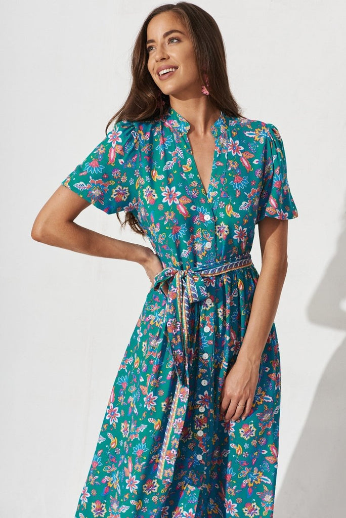 Caserta Maxi Dress In Teal Boho Floral - St Frock (Dev)