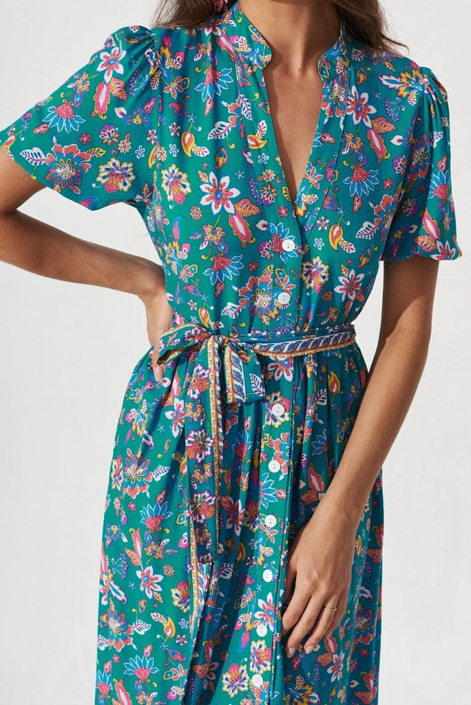 Caserta Maxi Dress In Teal Boho Floral - St Frock (Dev)
