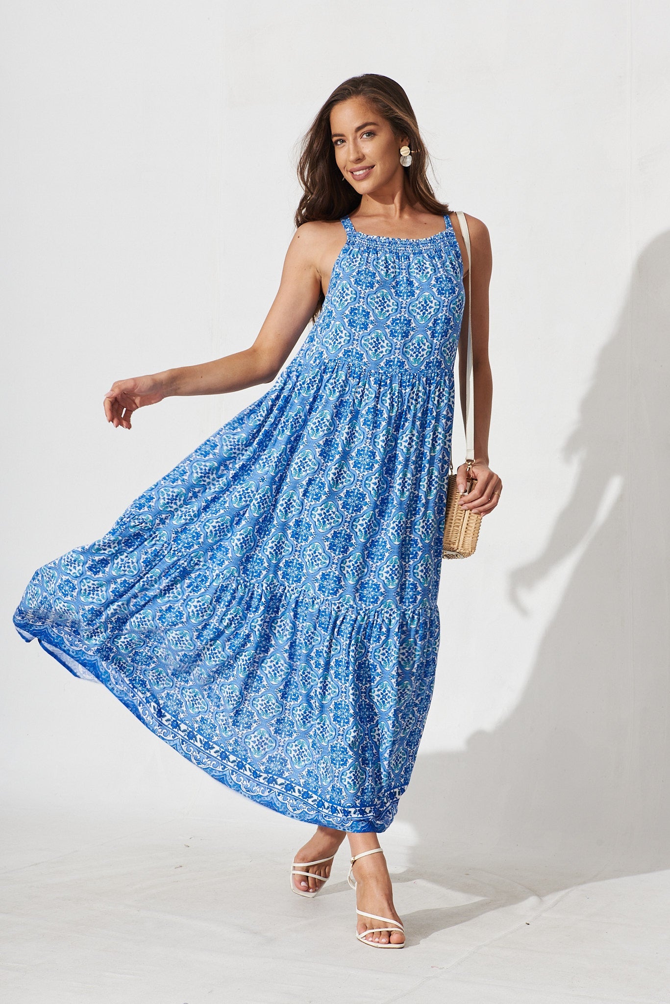 Serrano Maxi Sun Dress In Blue Tile Print - full length