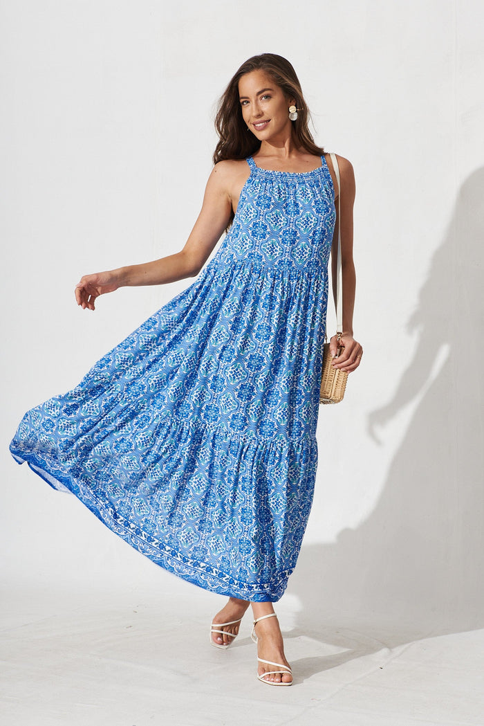 Serrano Maxi Sun Dress In Blue Tile Print - full length