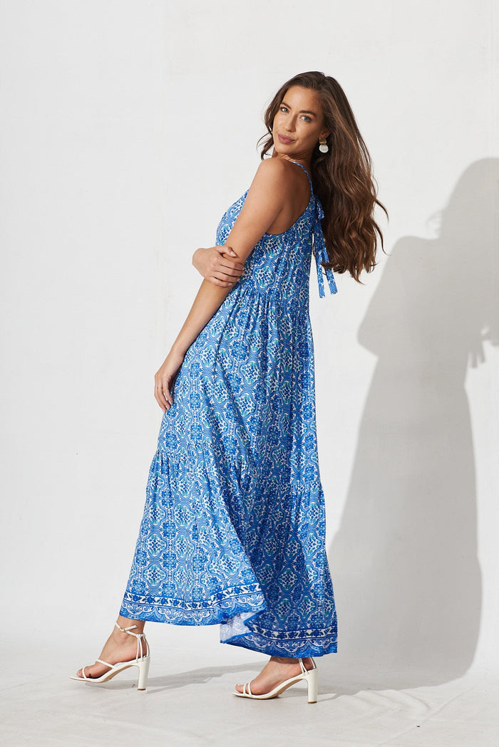 Serrano Maxi Sun Dress In Blue Tile Print - side