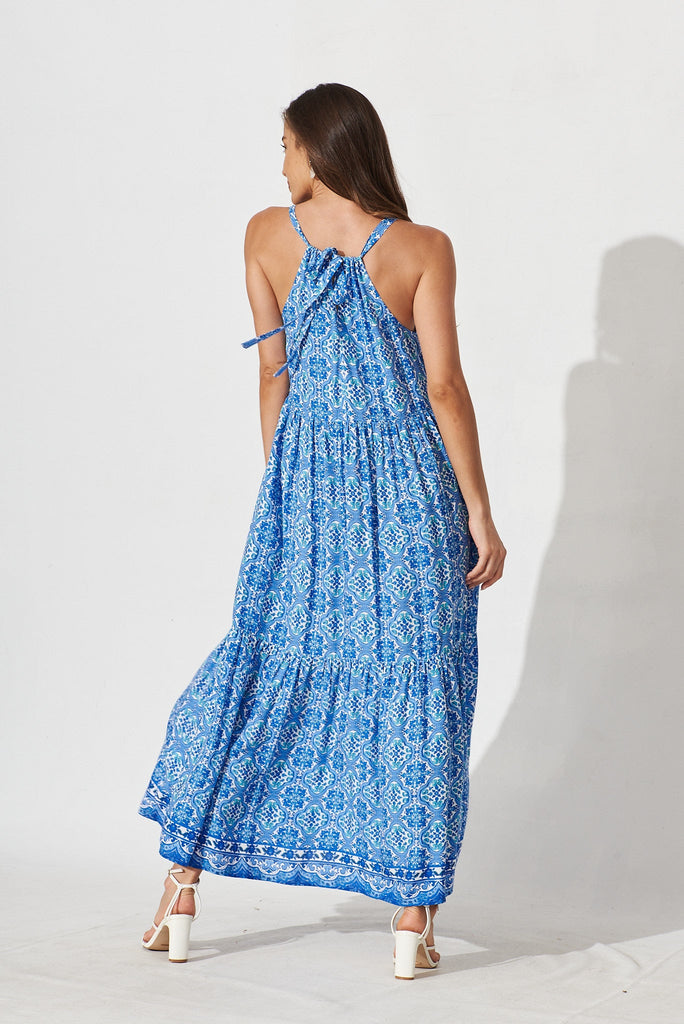 Serrano Maxi Sun Dress In Blue Tile Print - back