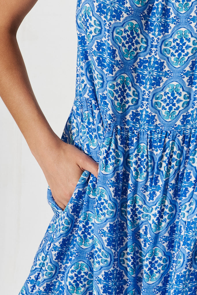 Serrano Maxi Sun Dress In Blue Tile Print - detail