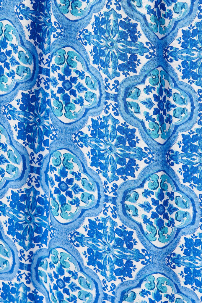 Serrano Maxi Sun Dress In Blue Tile Print - fabric