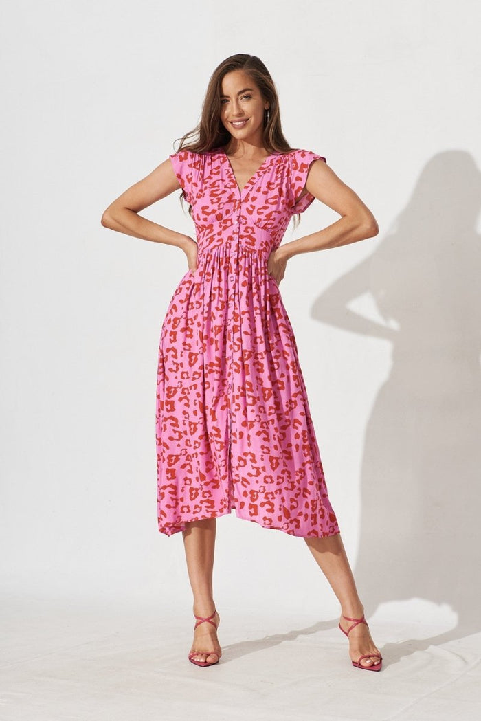 Brigida Midi Dress In Pink With Magenta Leopard - St Frock (Dev)