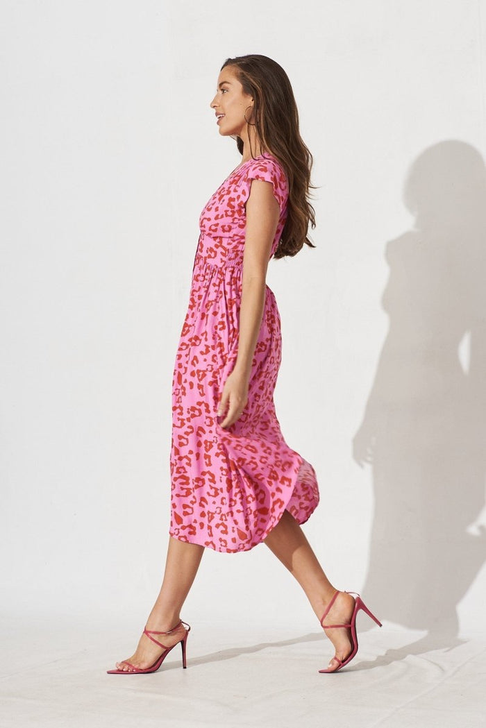 Brigida Midi Dress In Pink With Magenta Leopard - St Frock (Dev)