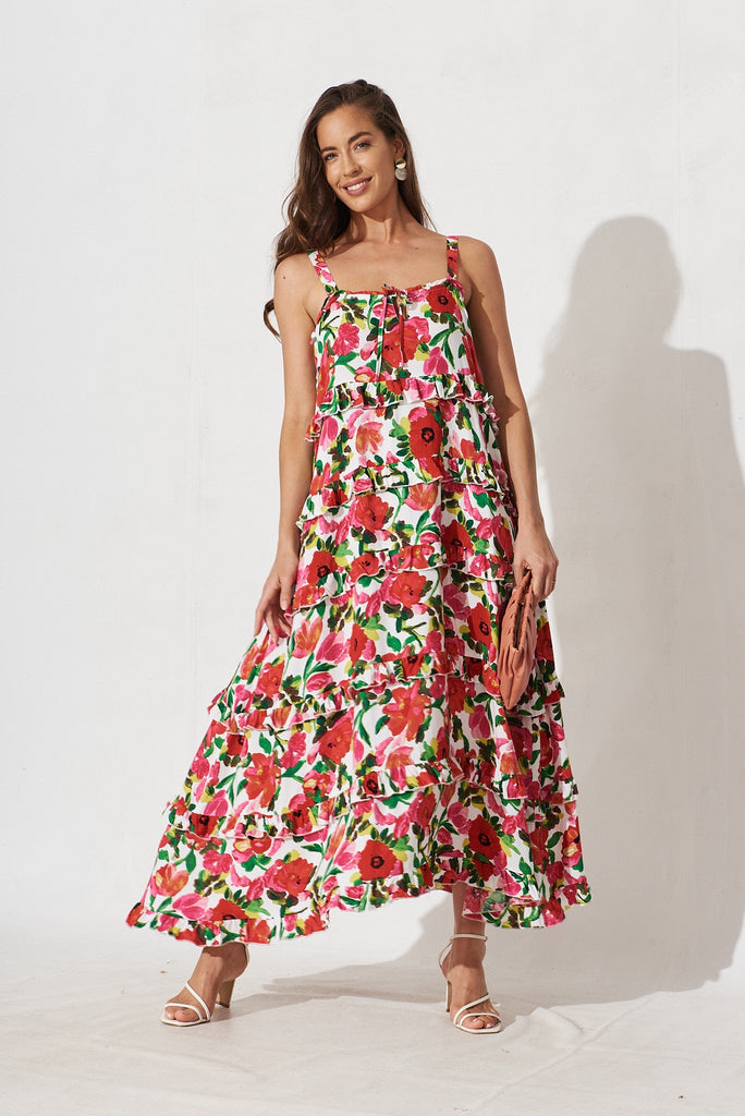 Aiyana Maxi Dress In White With Red Floral - St Frock (Dev)