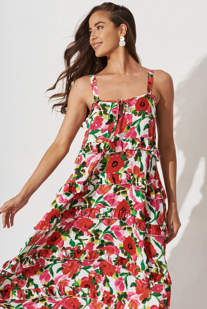 Aiyana Maxi Dress In White With Red Floral - St Frock (Dev)