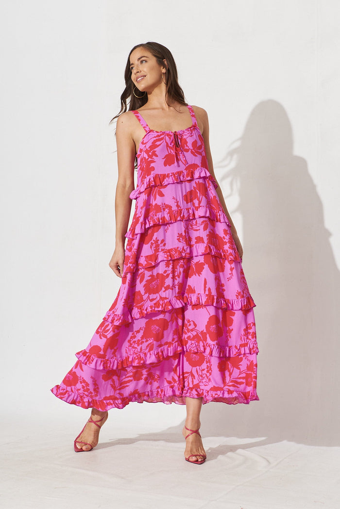 Aiyana Maxi Dress In Purple With Hot Pink Floral - full length