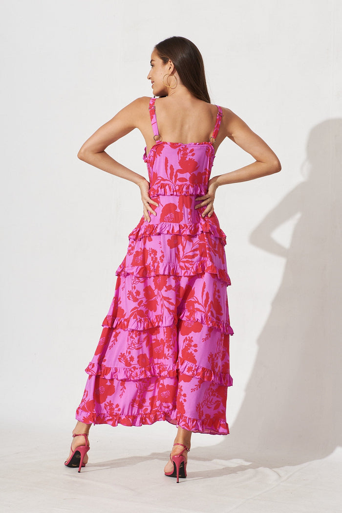 Aiyana Maxi Dress In Purple With Hot Pink Floral - back
