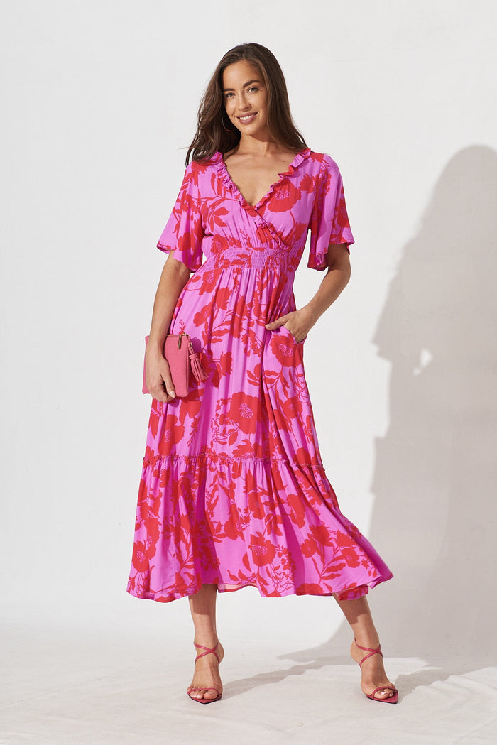 Avera Maxi Dress In Purple With Hot Pink Floral - full length