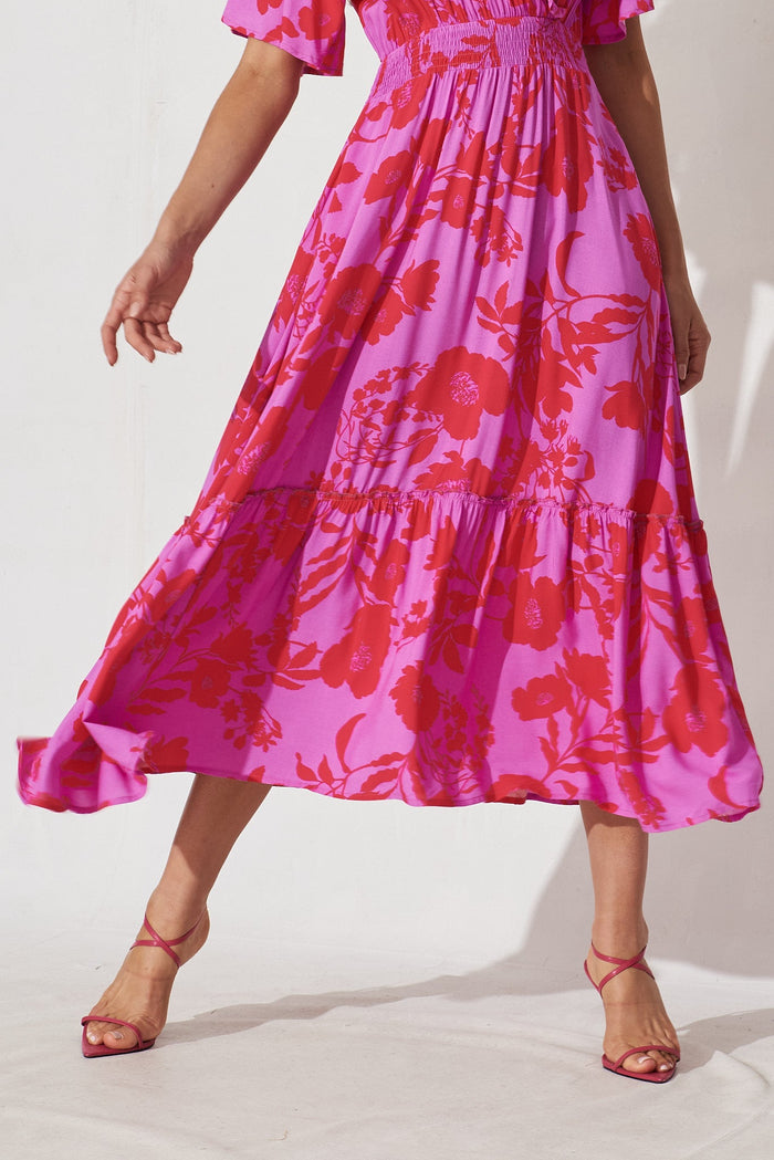 Avera Maxi Dress In Purple With Hot Pink Floral - detail