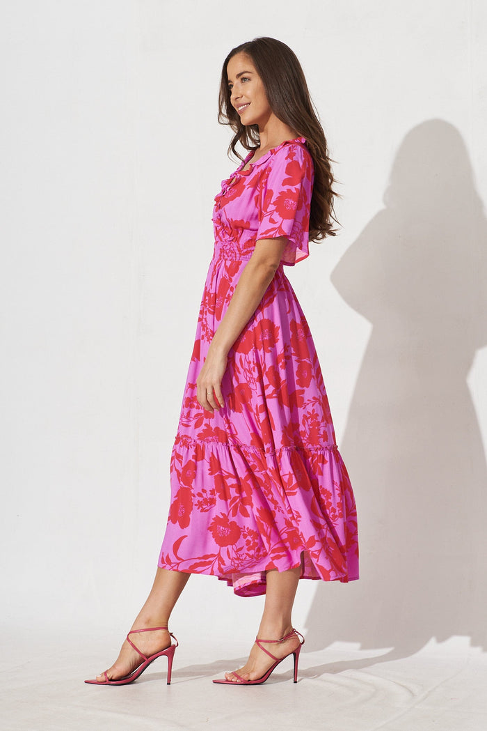 Avera Maxi Dress In Purple With Hot Pink Floral - side