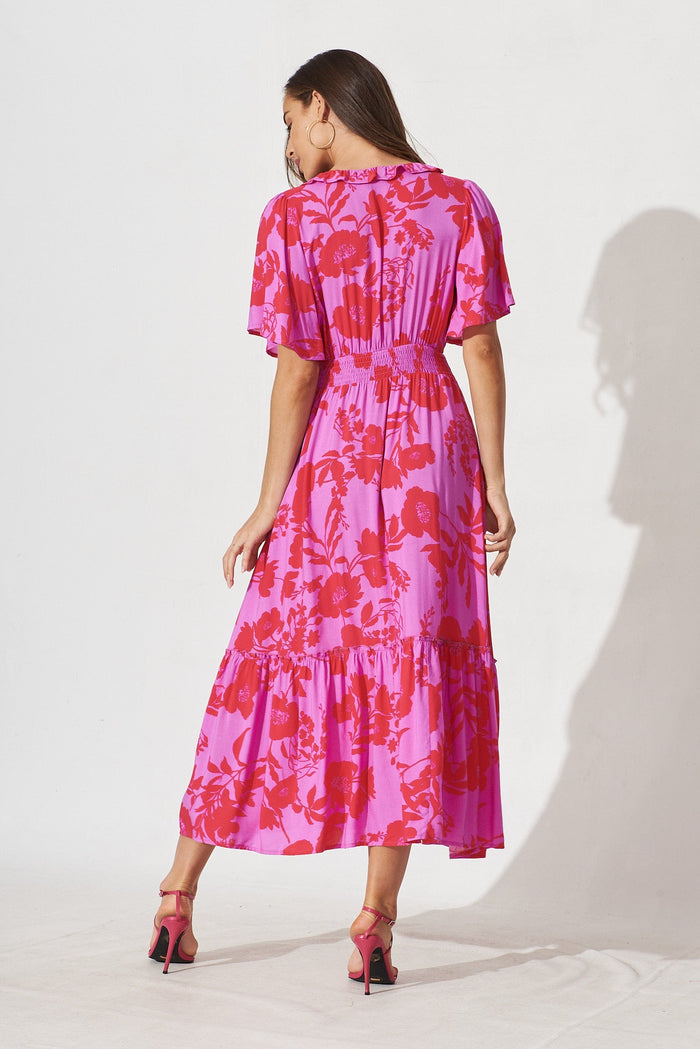 Avera Maxi Dress In Purple With Hot Pink Floral - back