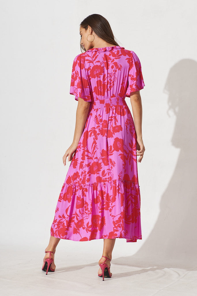 Avera Maxi Dress In Purple With Hot Pink Floral - back