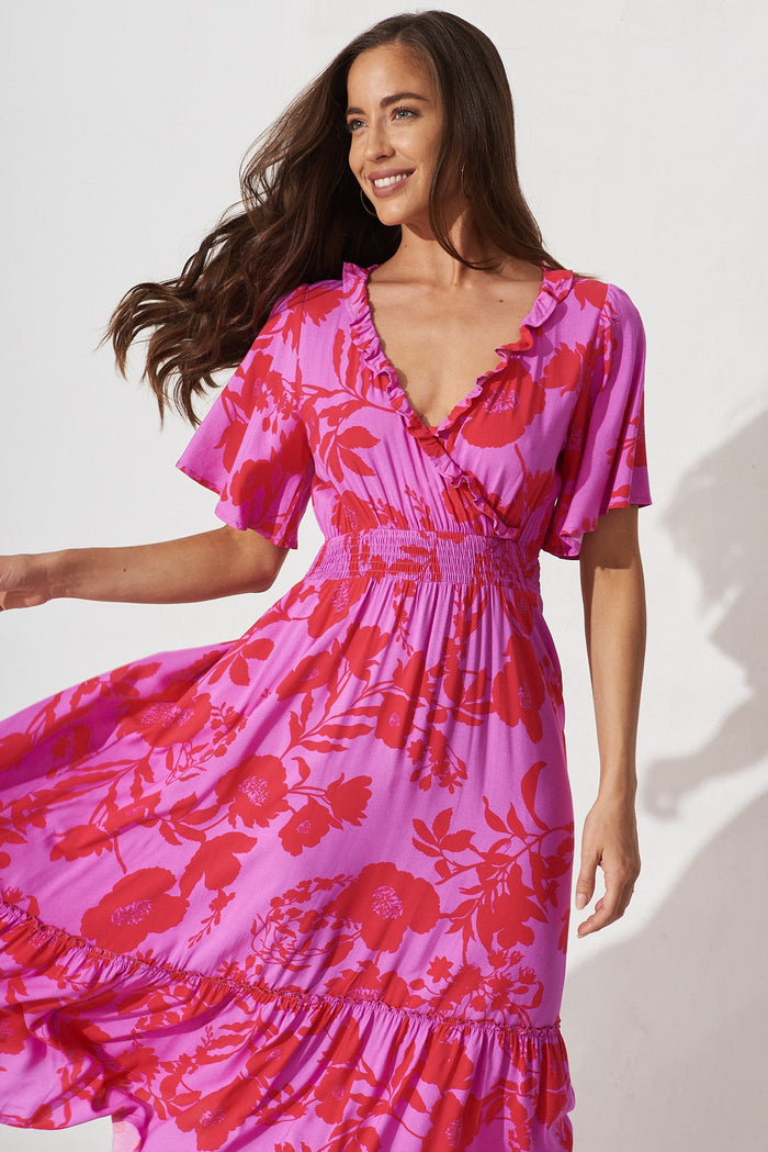 Avera Maxi Dress In Purple With Hot Pink Floral - front