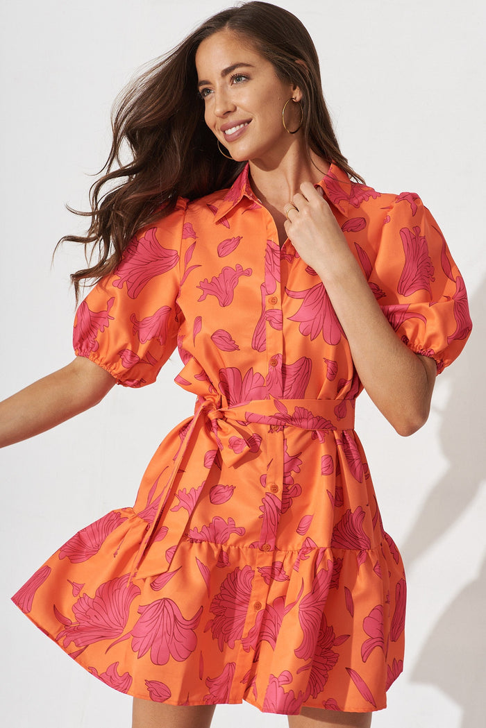 Fione Shirt Dress In Tangerine With Pink Floral - front