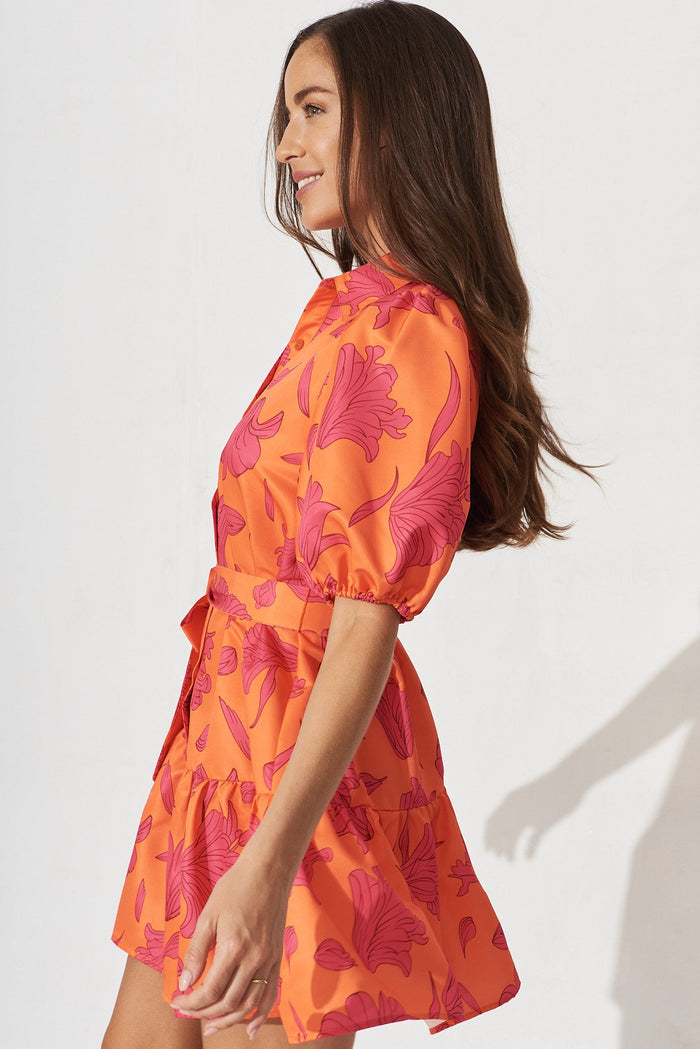 Fione Shirt Dress In Tangerine With Pink Floral - side