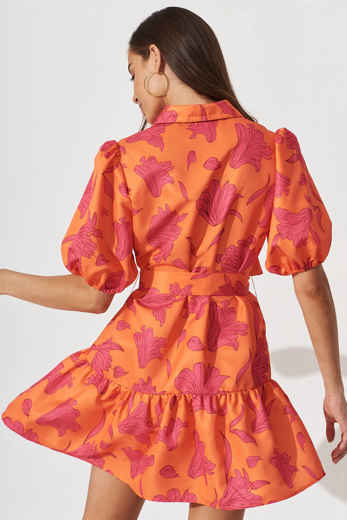 Fione Shirt Dress In Tangerine With Pink Floral - back