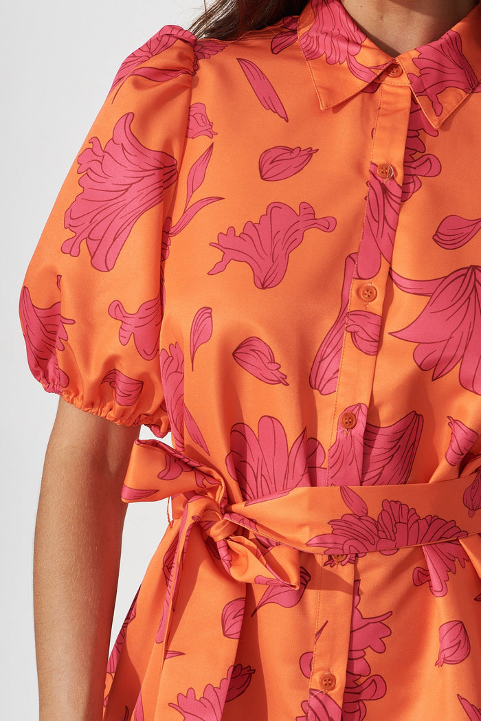Fione Shirt Dress In Tangerine With Pink Floral - detail
